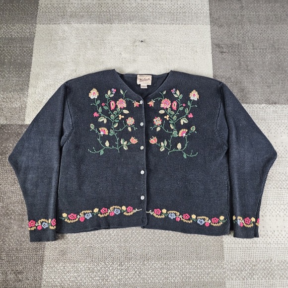 VINTAGE WOOLRICH CARDIGAN WOMENS SIZE LARGE FLORAL EMBROIDED BLACK BUTTON UP 90S - Picture 1 of 7